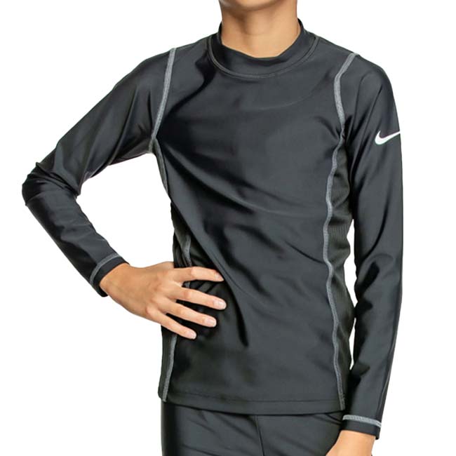 在庫処分特価】「ナイキ(NIKE) 2024 SS ジュニア(ボーイズ) ロングスリーブ UV ラッシュガード スイム スクール水着 ※トップスのみ※ 1991091-18 ブラック×グレー(24y4m)