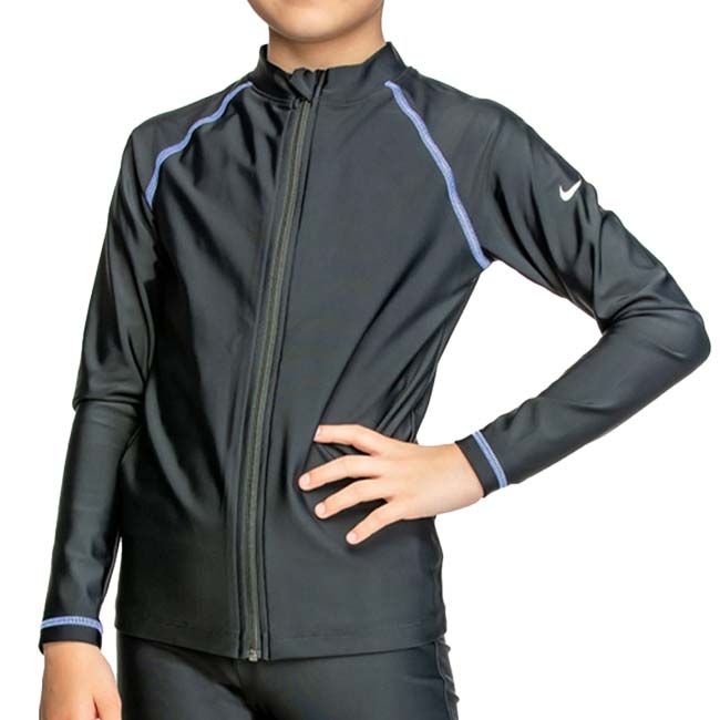 在庫処分特価】「ナイキ(NIKE) 2024 SS ジュニア(ガールズ) ロングスリーブ フルジップ UV ハイドロガード スクール水着 ※トップスのみ 1991085-12 BK×ムラサキ(24y4m)