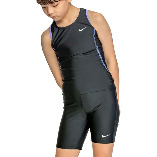 在庫処分特価】「ナイキ(NIKE) 2024 SS ジュニア(ガールズ) スクール水着 セパレーツ 女子水着 スイミング 上下セット 1991083-12 ブラック×ムラサキ(24y4m)