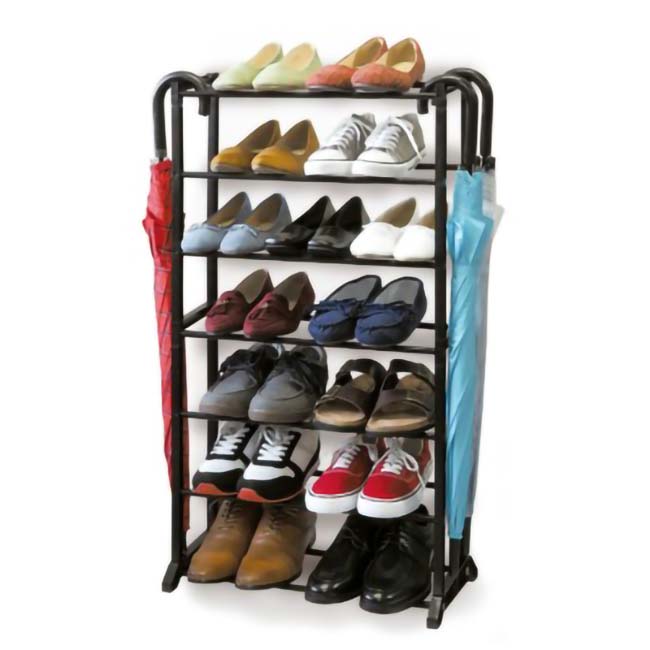 「靴と傘をたっぷり収納」ハック(HAC) 傘掛け付 シューズラック 7段式 シンプル設計 組立簡単 HAC3148ブラック(24y9m)