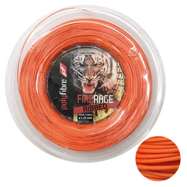 売切り終了！在庫処分特価】ポリファイバー(Polyfibre) ファイア レイジ リブド (FIRE RAGE RIBBED) 1.25mm 200Mロール オレンジ 硬式テニス ポリエステルガット (19y9m)