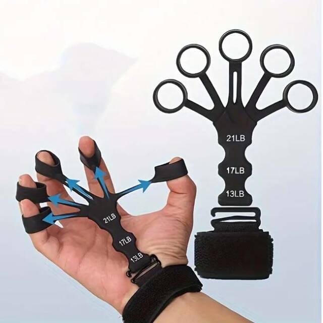 「テニス肘の予防に！リハビリに！」 シリコン製5本指トレーナー 指ストレッチャー 手首強化　21-17-13LB(ポンド) 指エクササイズバンド TE209967-ブラック(24y4m)