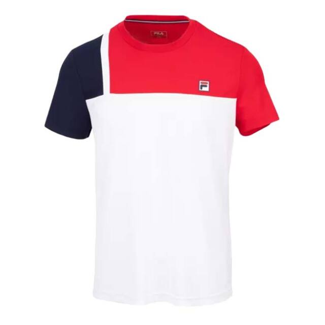 【ＵＳサイズ】FILA(フィラ) 2023 SS メンズ KARL(カール) カラーブロック 半袖Tシャツ FBM231013E-0152 ホワイト×Fレッド(23y3mテニス)