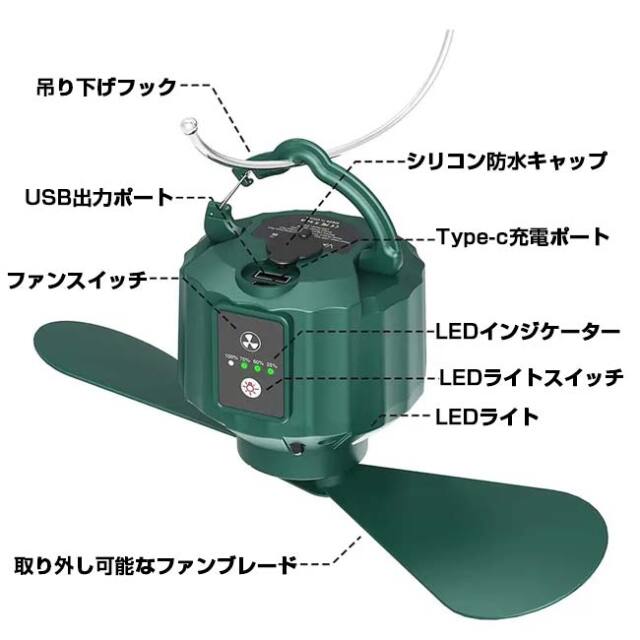 夏のキャンプを快適に」 LEDライト付きキャンプファン 吊り下げ