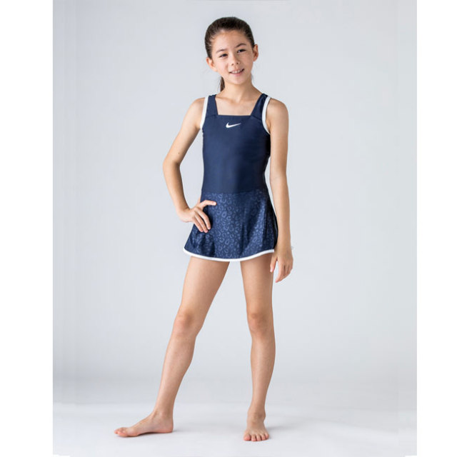 ナイキ Nike ジュニア ガールズ エンボス柄スカート付きワンピース スクール水着 01 オブシディアン ホワイト y4m