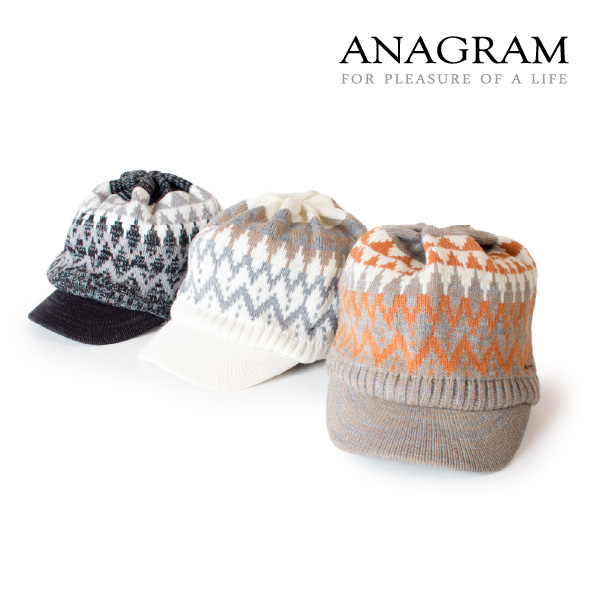 (アナグラム) ANAGRAM フェアアイル柄 つば付きニット帽 ニットキャスケット ニットキャップ ツバ付きニット 大きめ 帽子 小顔効果