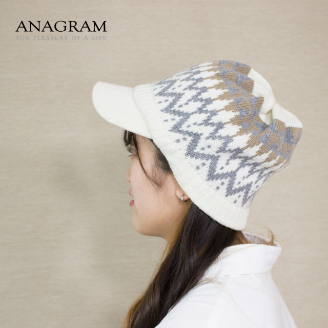 (アナグラム) ANAGRAM フェアアイル柄 つば付きニット帽 ニットキャスケット ニットキャップ ツバ付きニット 大きめ 帽子 小顔効果
