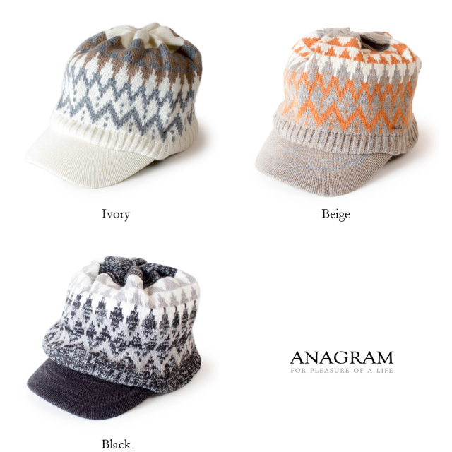 (アナグラム) ANAGRAM フェアアイル柄 つば付きニット帽 ニットキャスケット ニットキャップ ツバ付きニット 大きめ 帽子 小顔効果