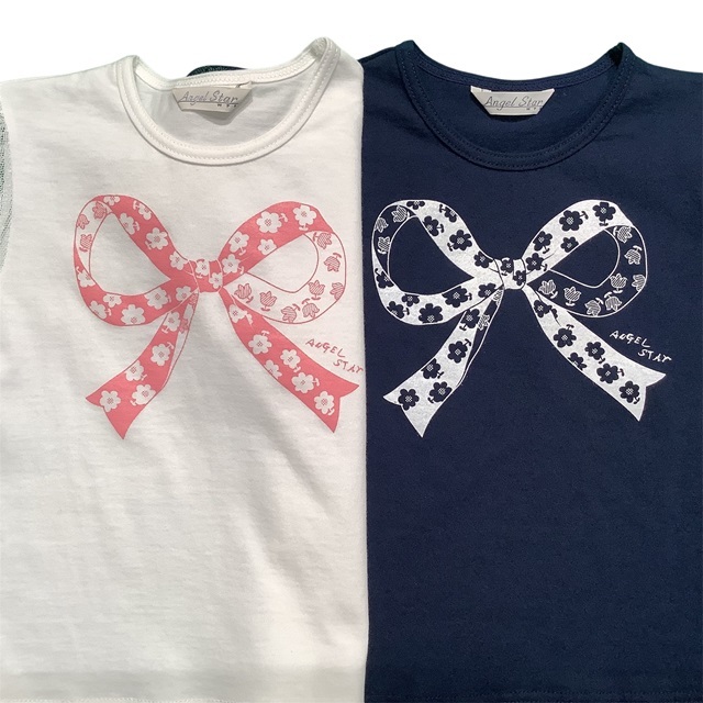 袖チュールリボン柄Ｔシャツ