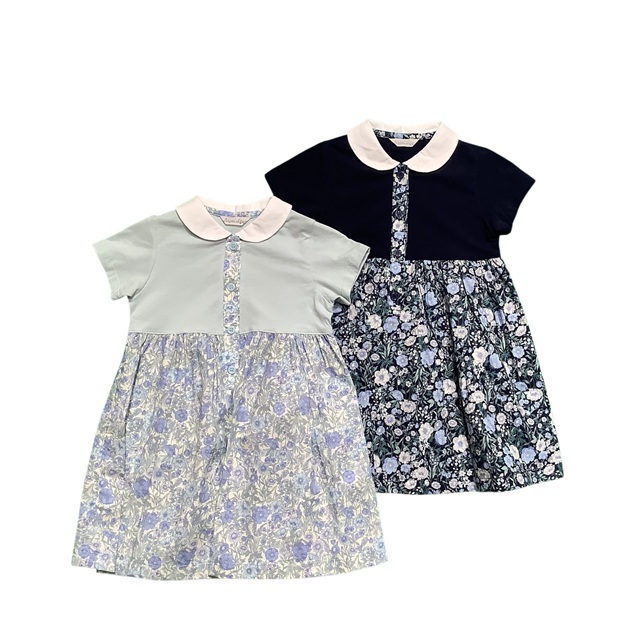 白襟花柄切り替え半袖ワンピース