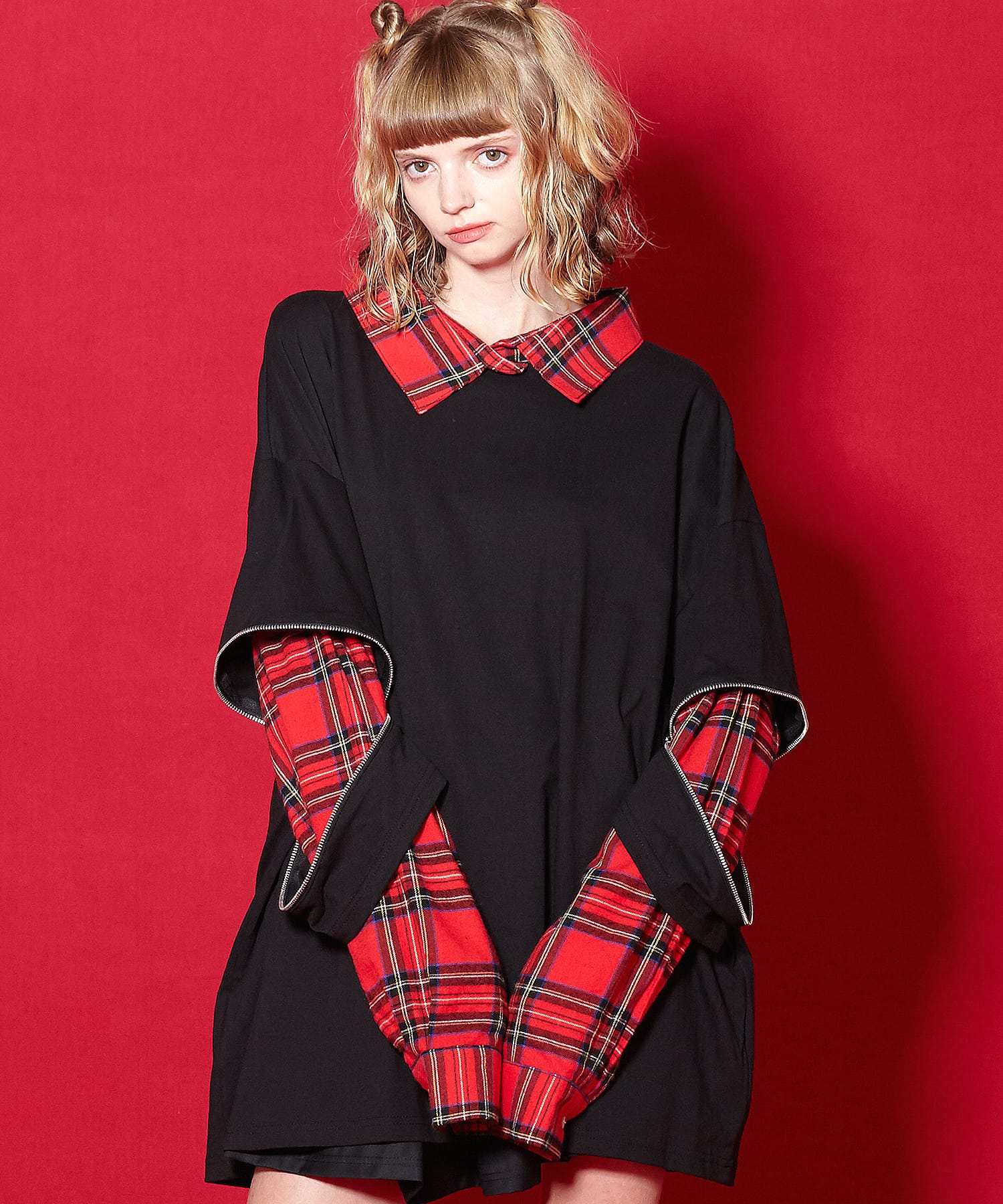 ankoROCK オープンジップフェイクレイヤーチェックシャツカットソー