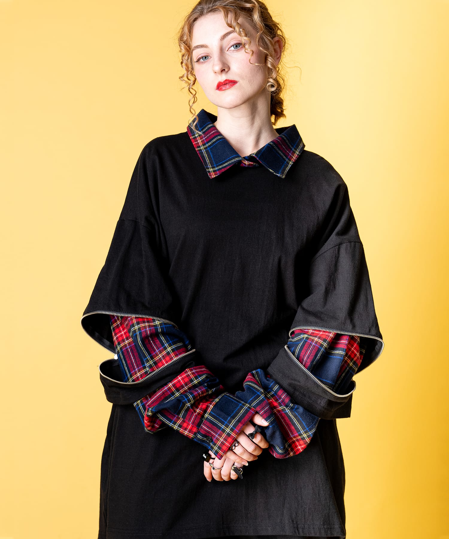 新品　オープンジップフェイクレイヤーチェックシャツハイネックカットソー オープンジップフェイクレイヤーチェックシャツカットソー