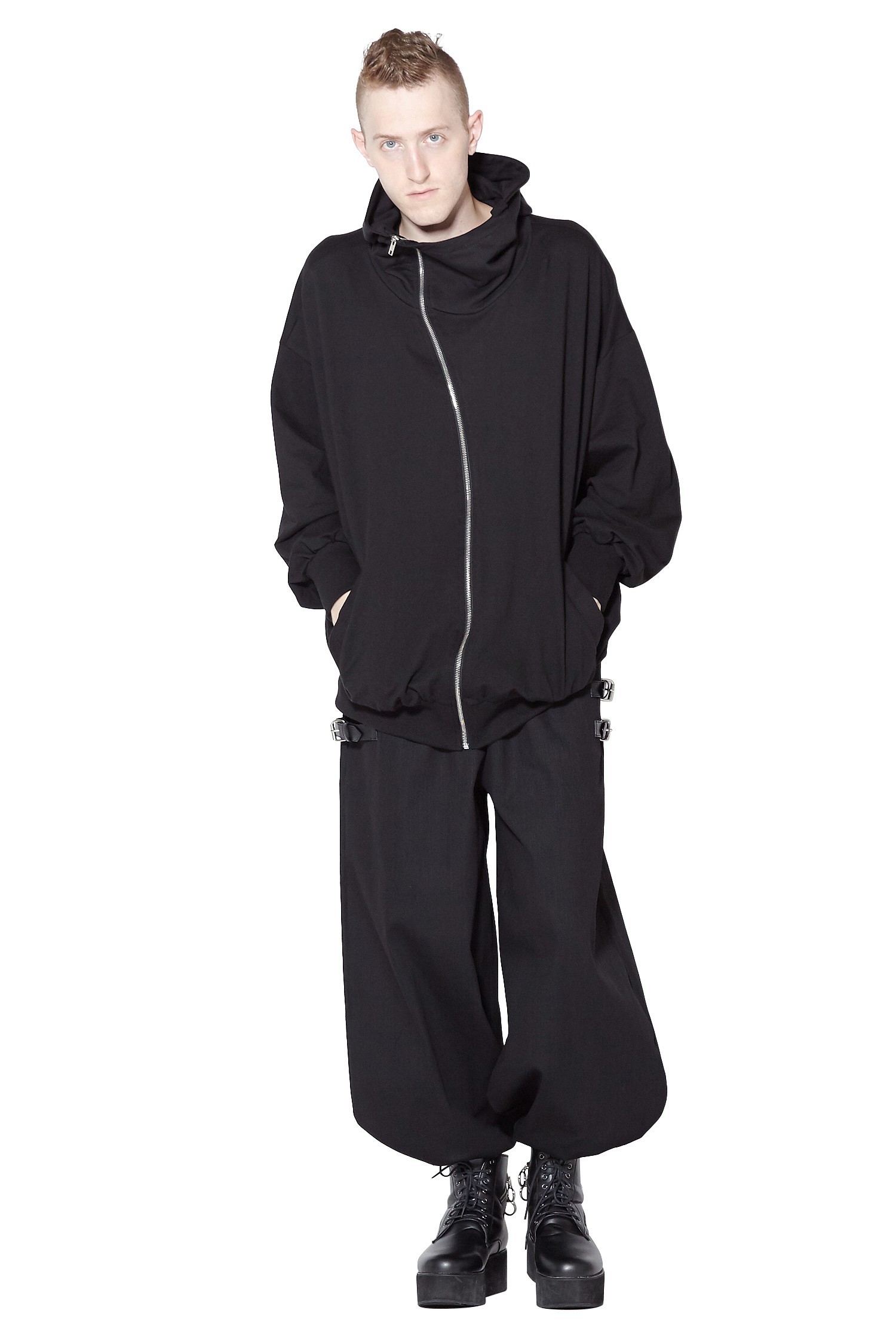 【ヘルムートラング】アシンメトリーデザイン　ジップアップパーカー アシンメトリージップボリュームネックフードパーカー -オーバー