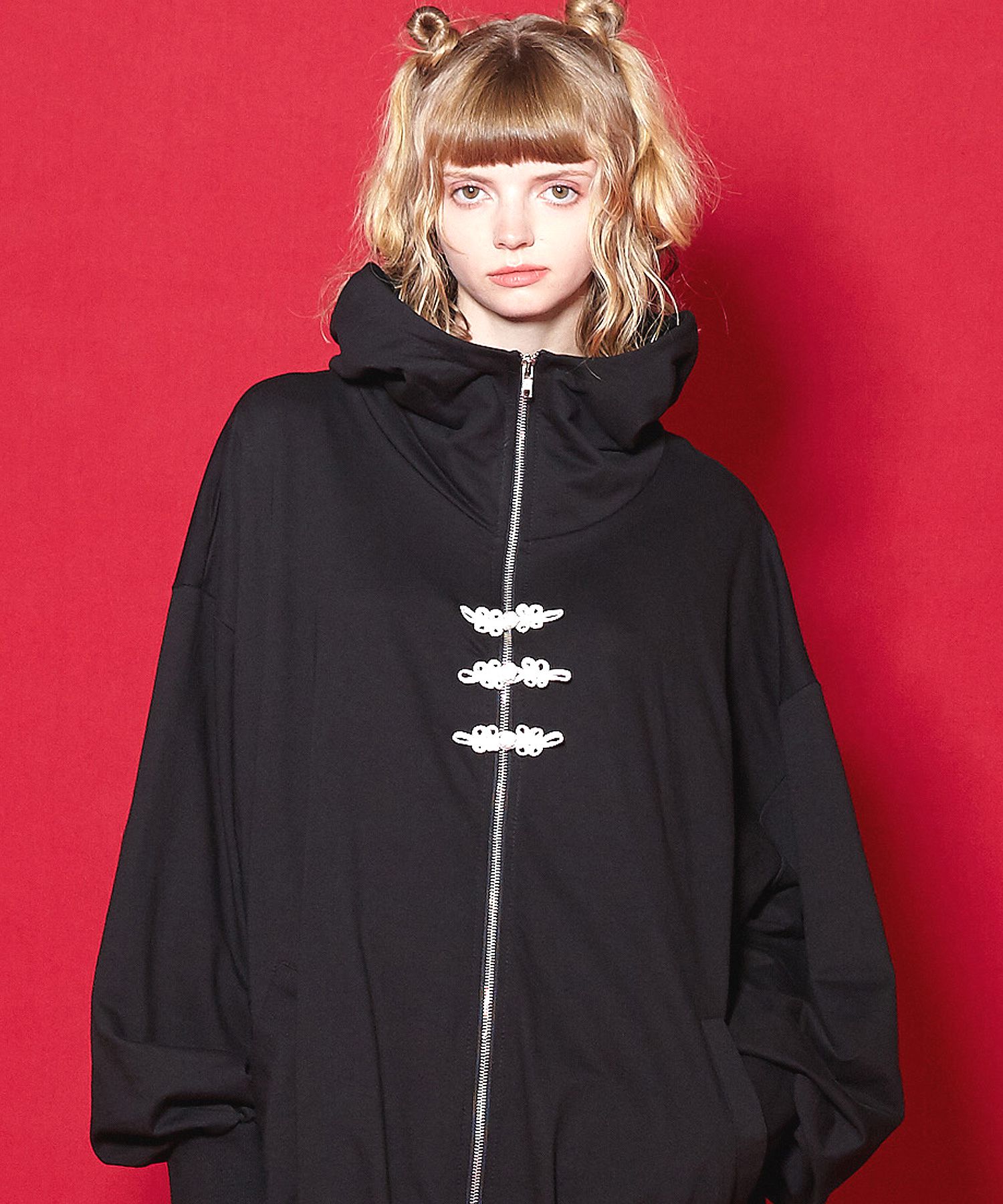 ankoROCK チャイナボタンボリュームネックフードパーカー -オーバーサイズ-