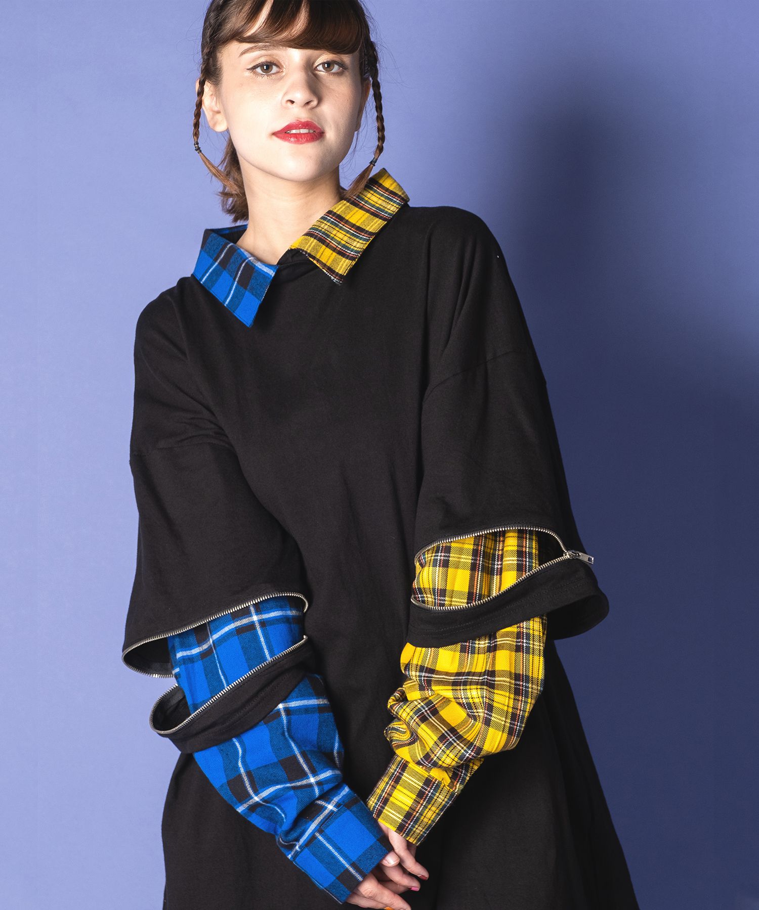 ankoROCK オープンジップフェイクレイヤーアシンメトリーチェック柄シャツカットソー