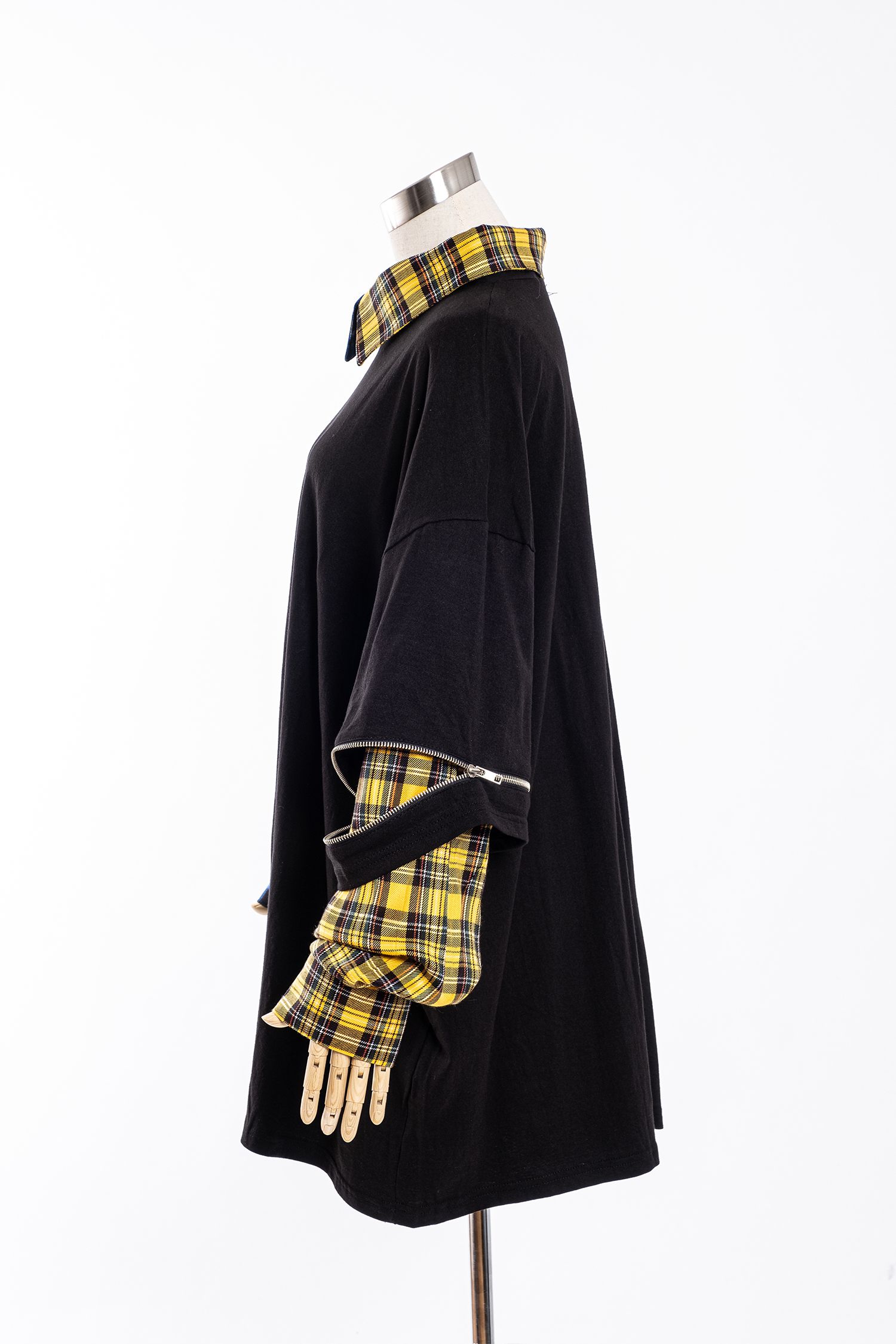 オープンジップフェイクレイヤーアシンメトリーチェック柄シャツ