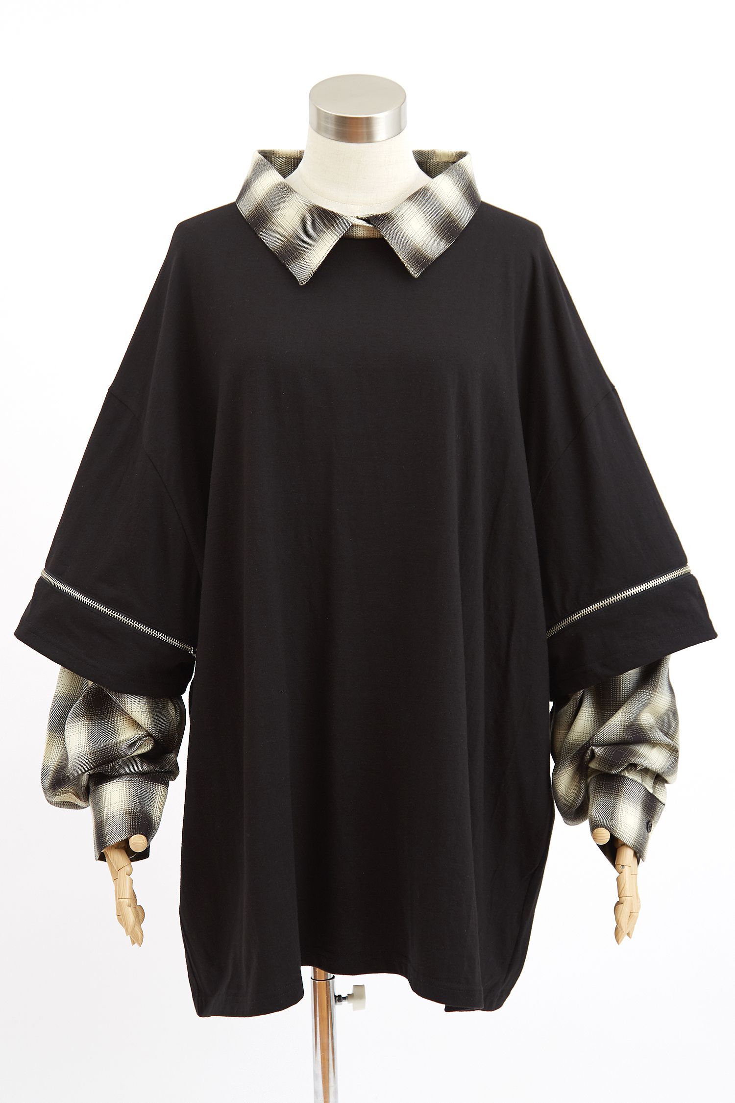 オープンジップフェイクレイヤーオンブレチェックシャツカットソー