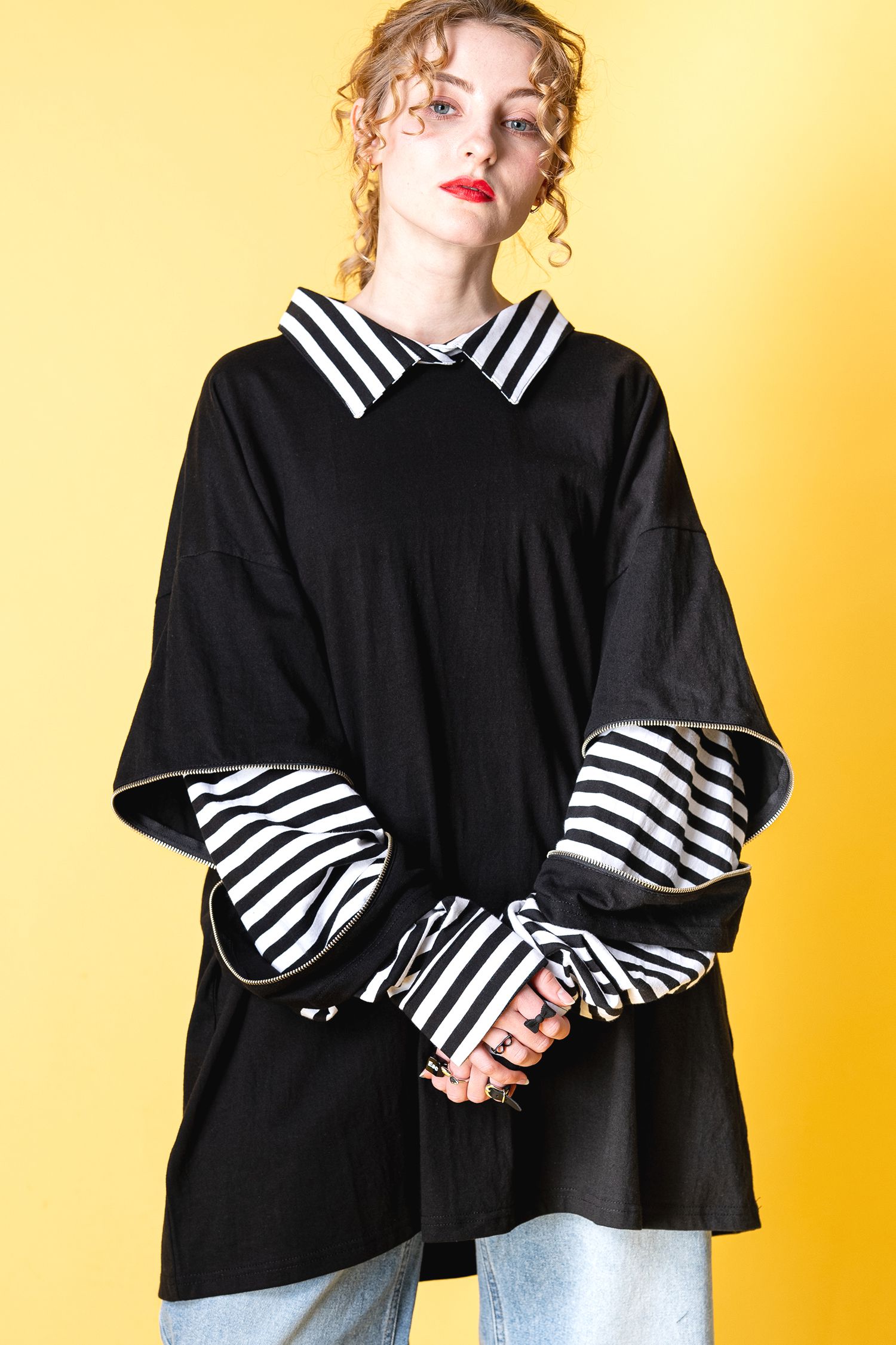 オープンジップフェイクレイヤーボーダーシャツカットソー ankoROCK