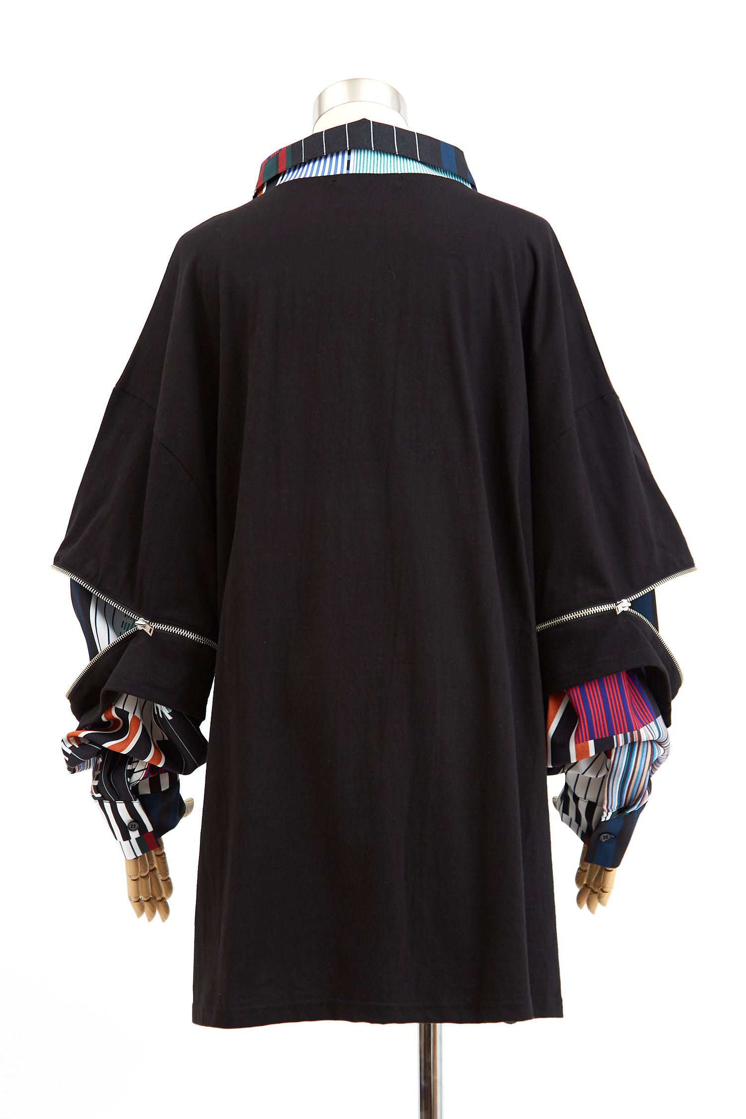 オープンジップフェイクレイヤーストライプ・パッチワーク風シャツ