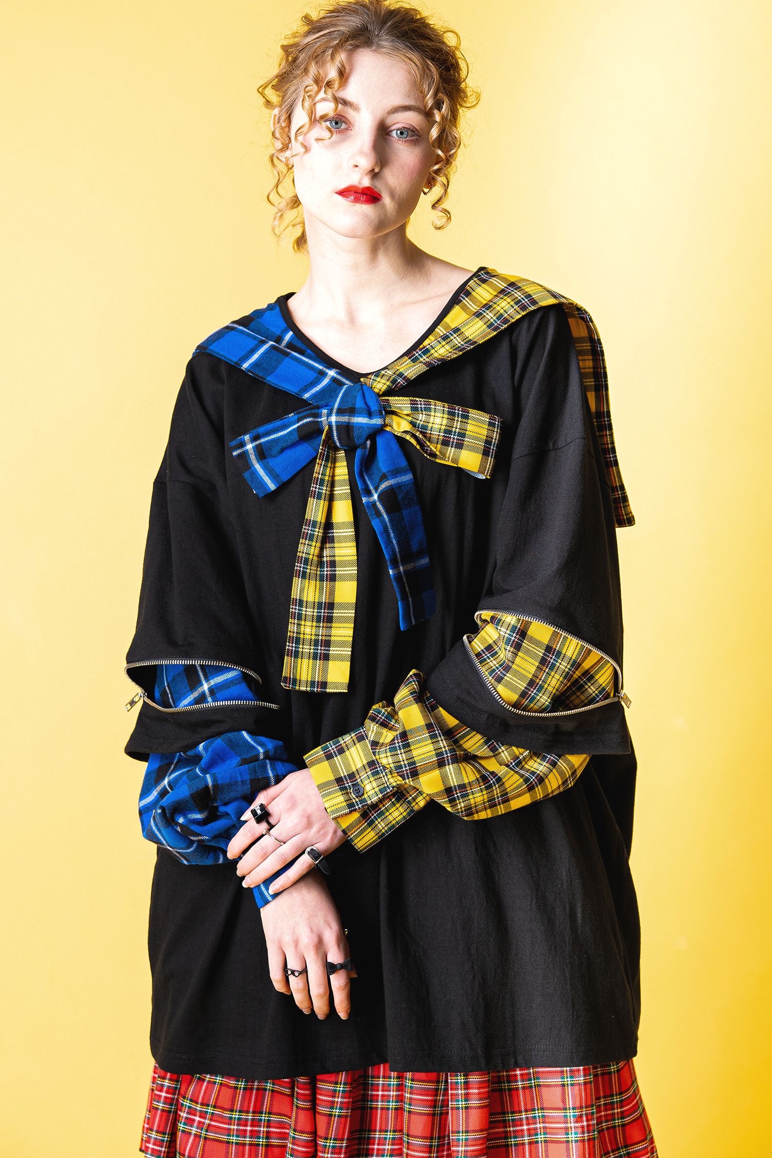 オープンジップフェイクレイヤーアシンメトリーチェック柄シャツ 