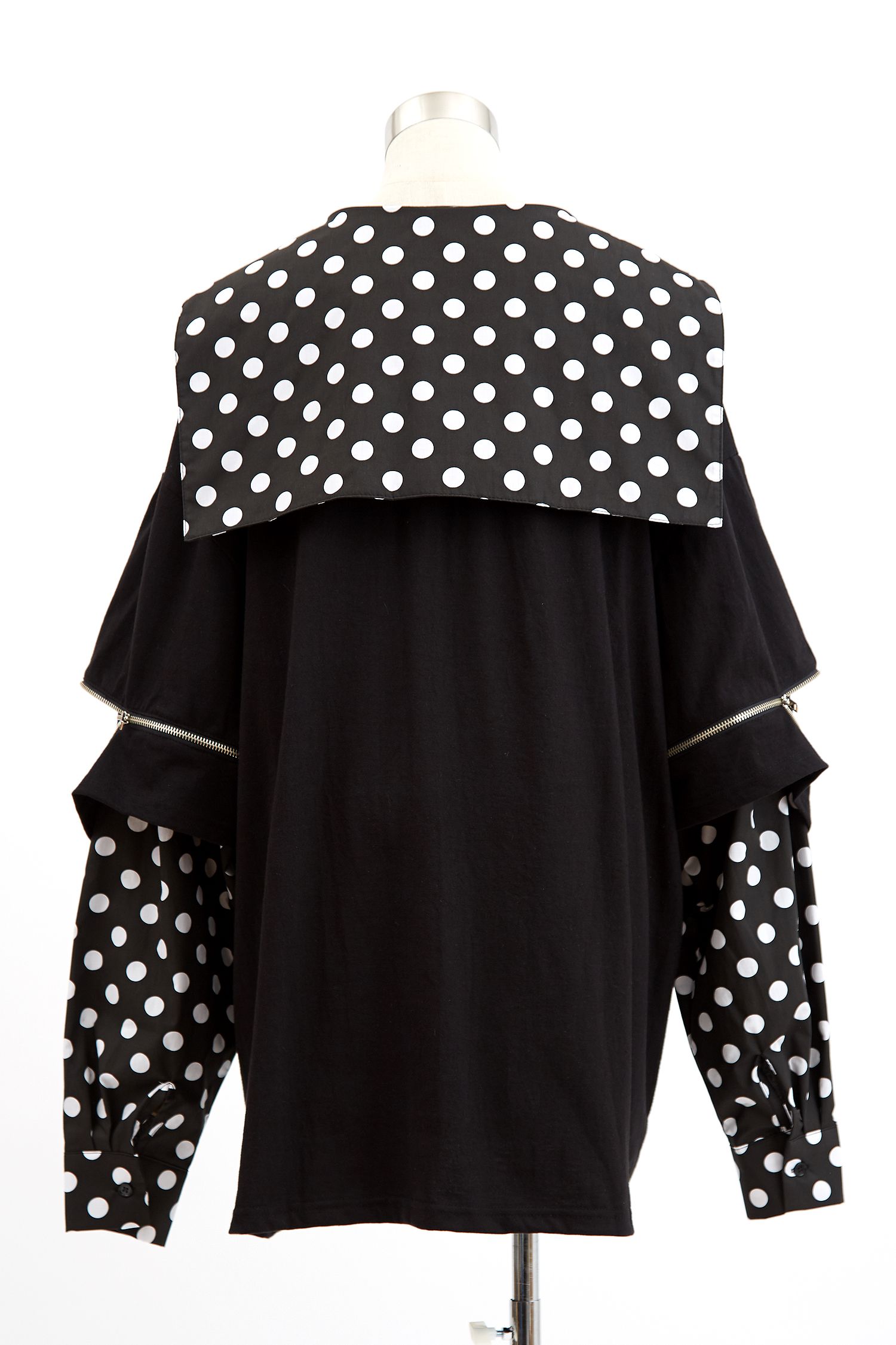 オープンジップフェイクレイヤードット柄シャツセーラーカットソー