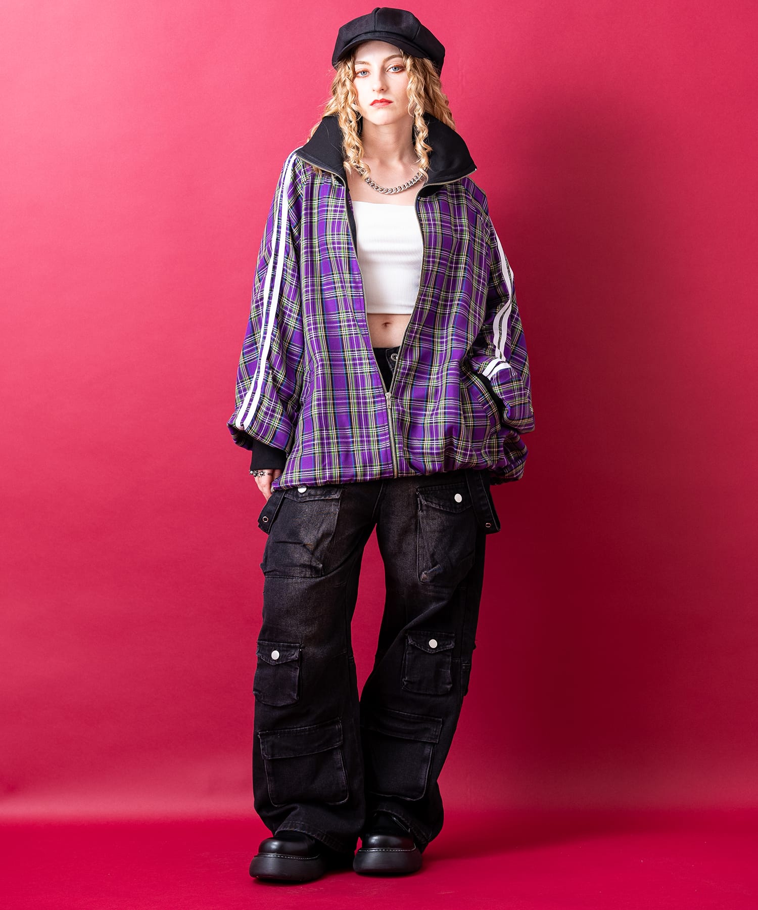 美品 アンコロック タータンチェックジャージ ネルシャツ ドッキングハーフジップ ankoROCK ジャージ チェック柄ボリュームネックラインジャージ