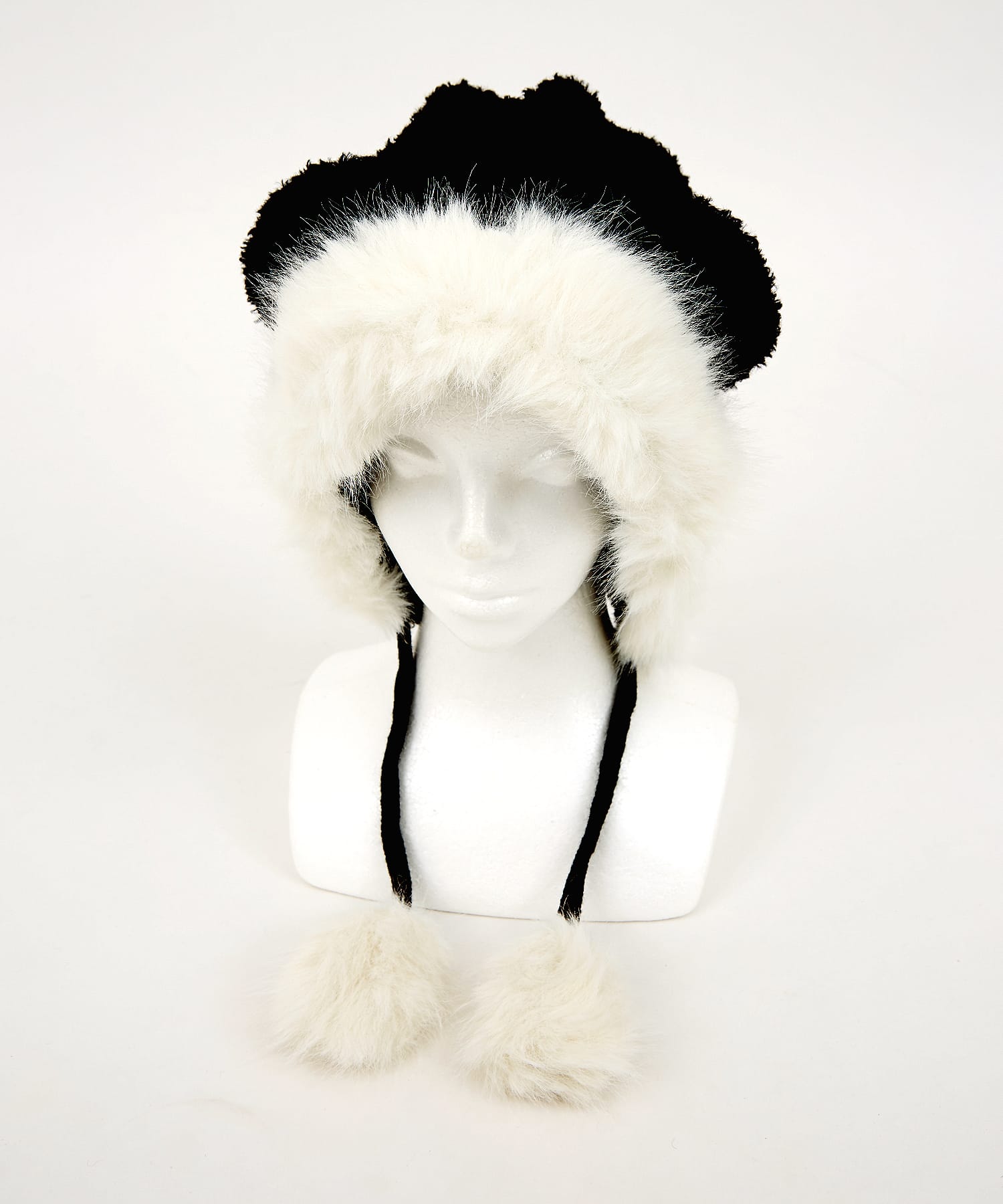 ニット＆ファーコンビクマ耳フード帽 / レディース メンズ 帽子 頭巾