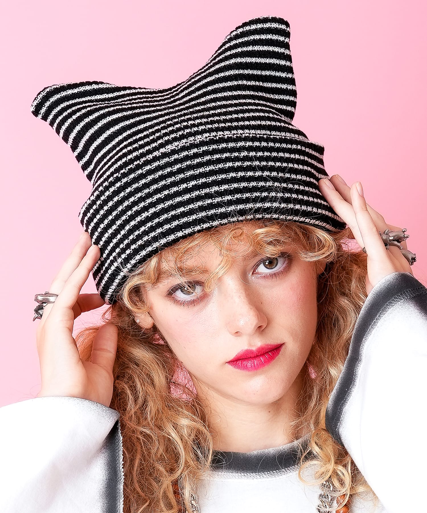 ネコ耳ボーダーニットニットキャップ / メンズ レディース ユニ