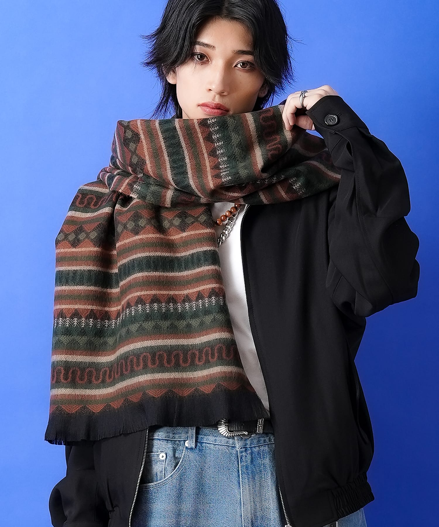 an meets zakka ネイティブ柄ファータッチマフラー 