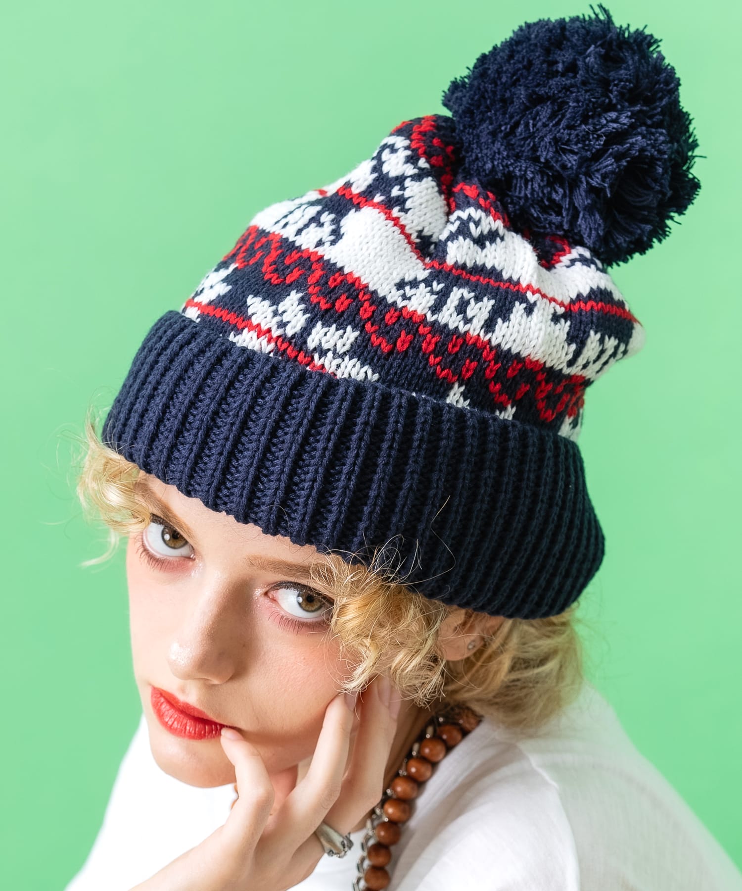 an meets zakka ノルディック柄ボンボンニット帽