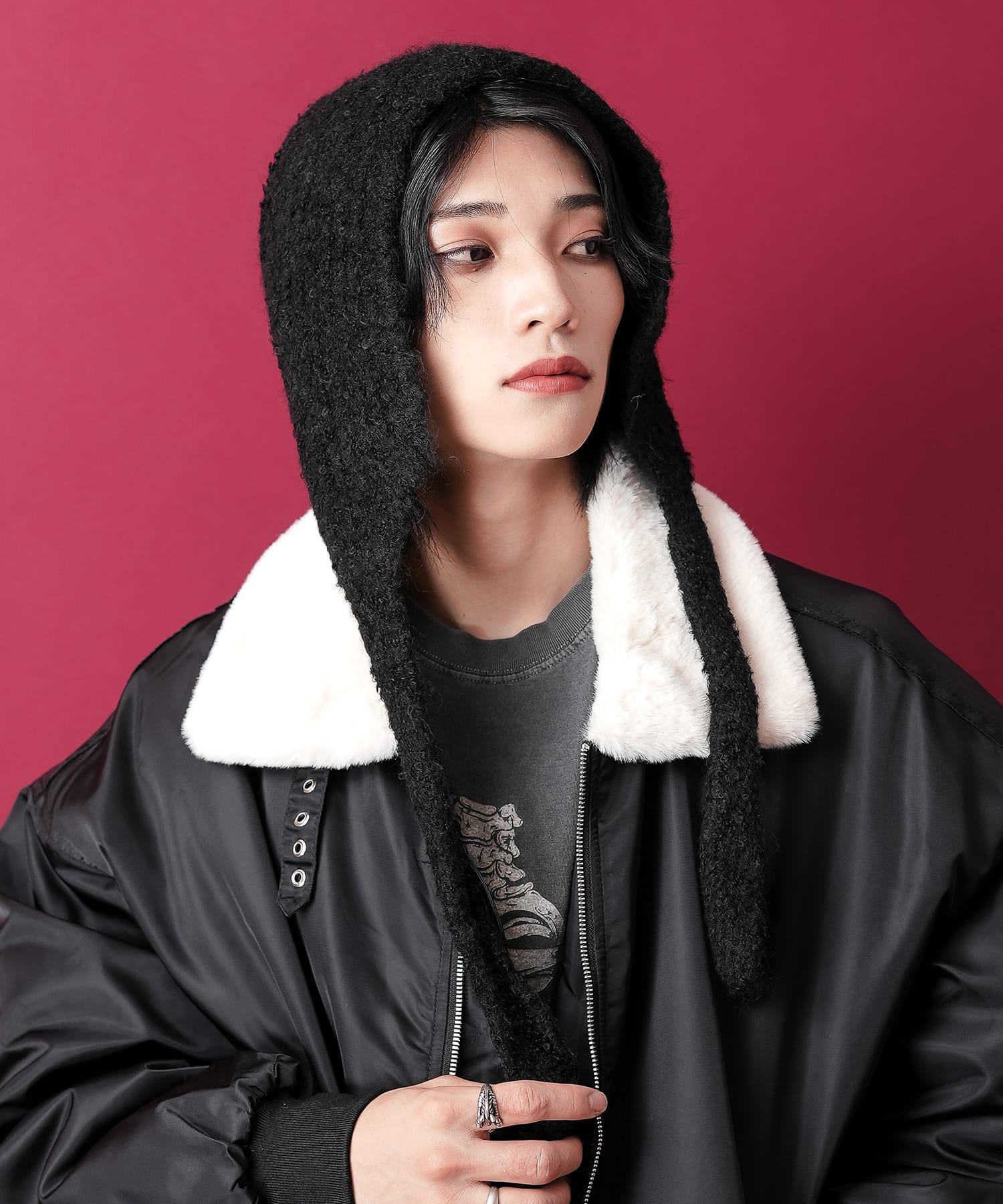 モコモコ起毛ニットフード帽 / メンズ レディース ユニセックス 帽子