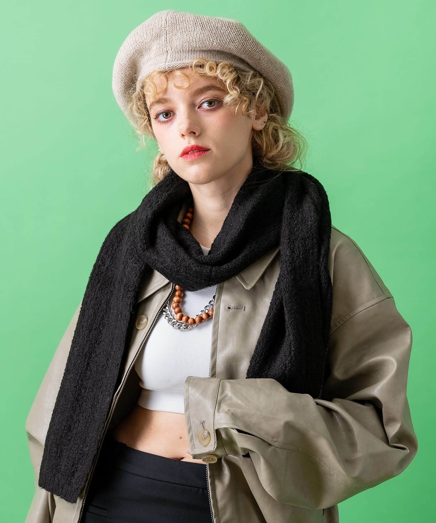 レトロタッチリブ編みウールニットマフラー / メンズ レディース ユニ