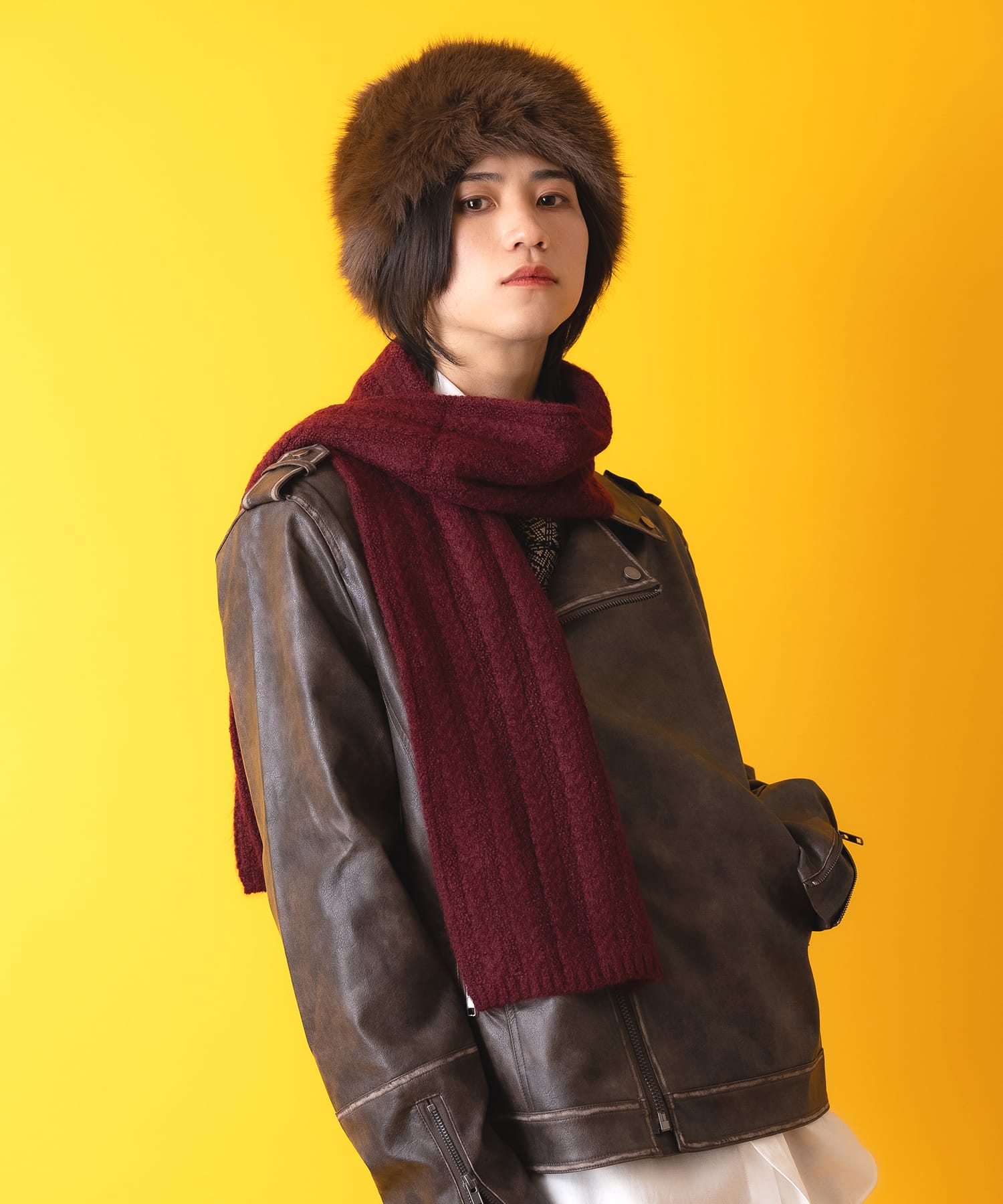 レトロタッチリブ編みウールニットマフラー / メンズ レディース ユニ