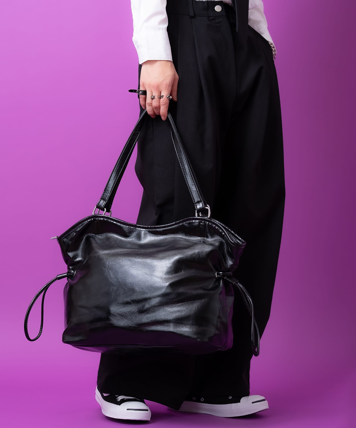 変形コード合成皮革ロングハンドルバッグ / 肩掛け バック 鞄 カバン