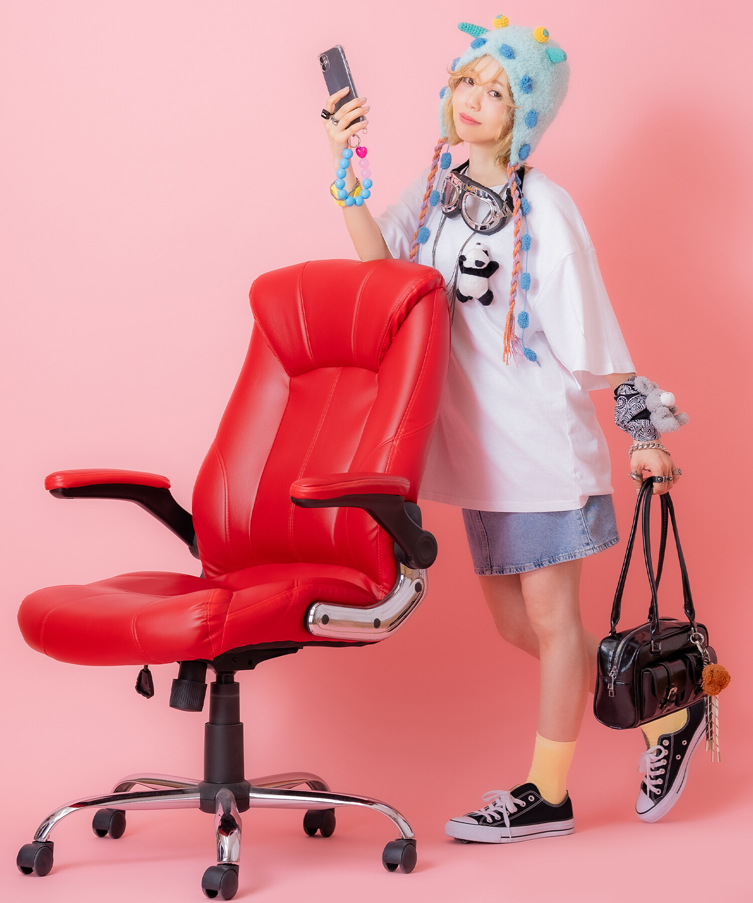 キーホルダー付き合成皮革ロングハンドルミニボストンバッグ
