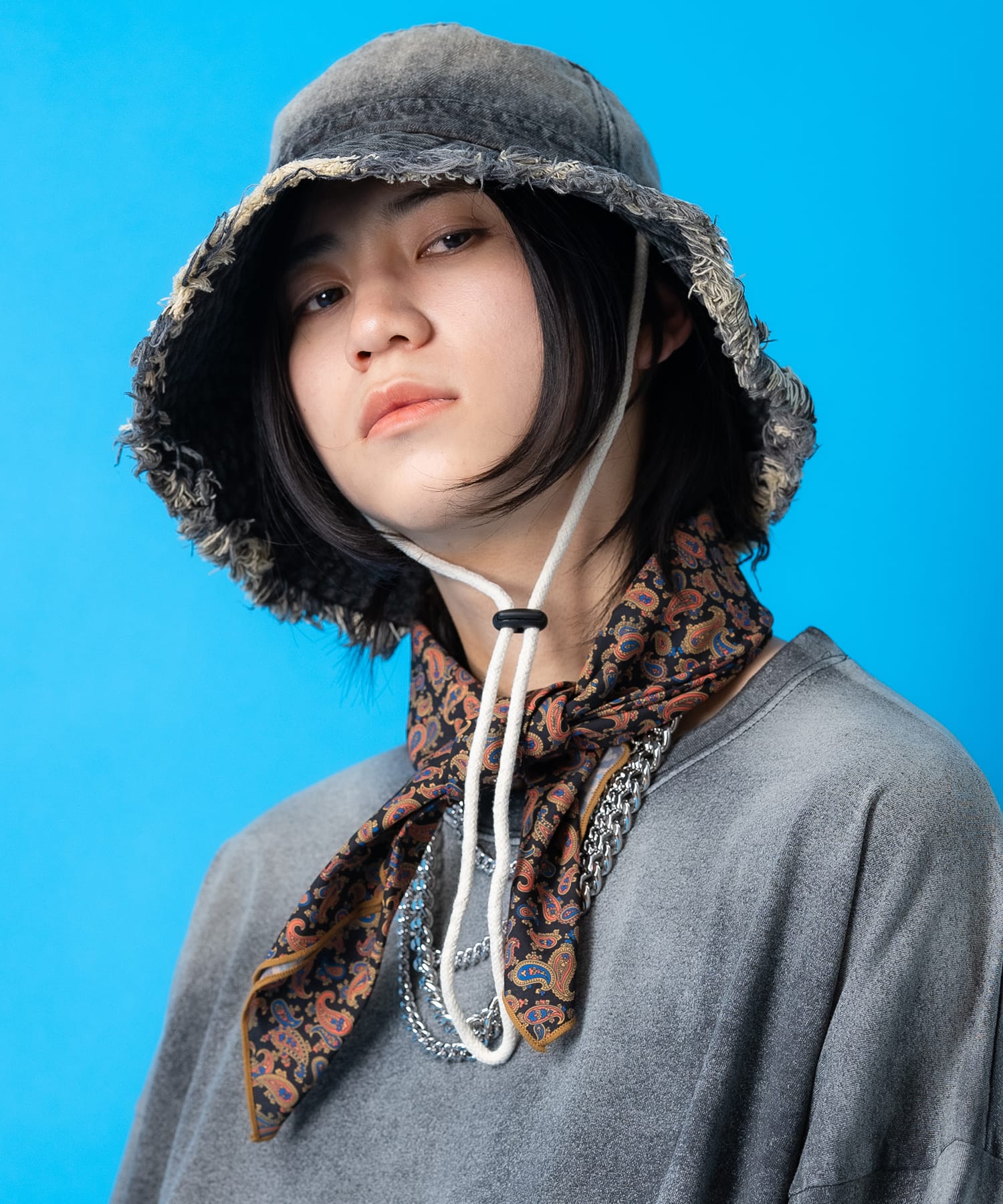 グラデーションブリーチデニムダメージフリンジサファリハット