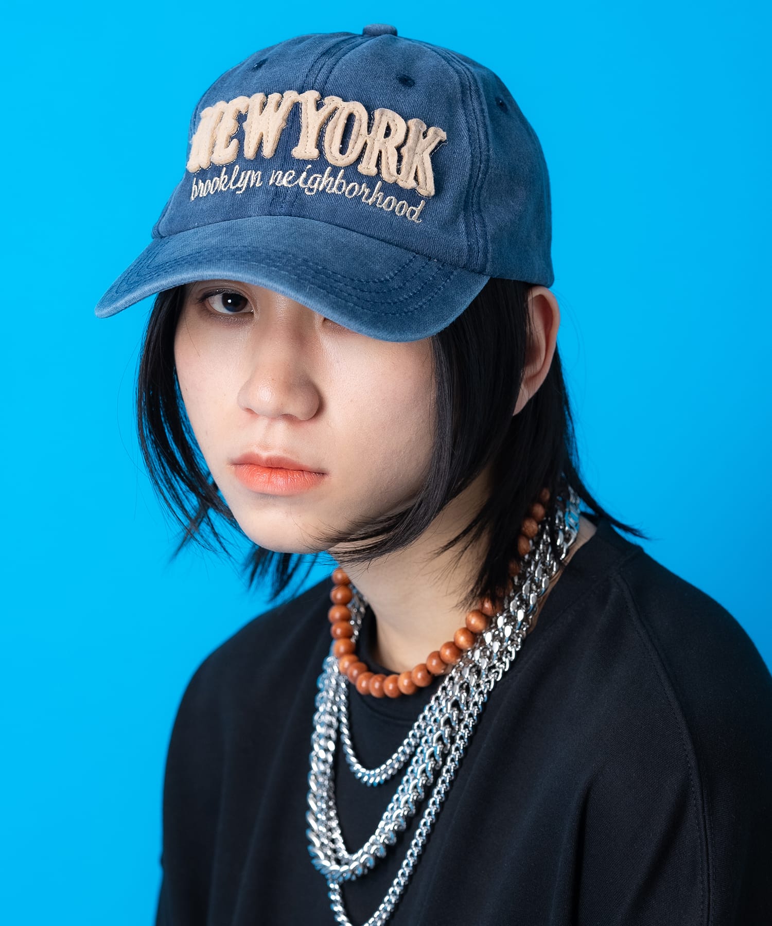 NEW YORKワッペン＆ロゴ刺繍フェードローキャップ / ベース