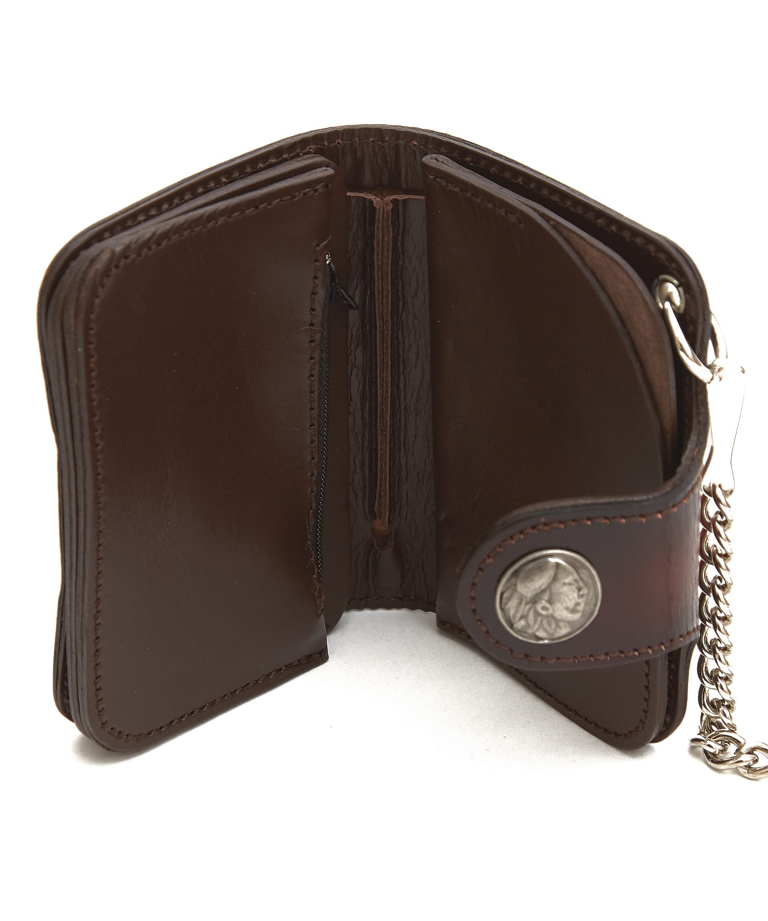 ネイティブ刻印コンチョフラップカウレザーウォレットチェーン付き二