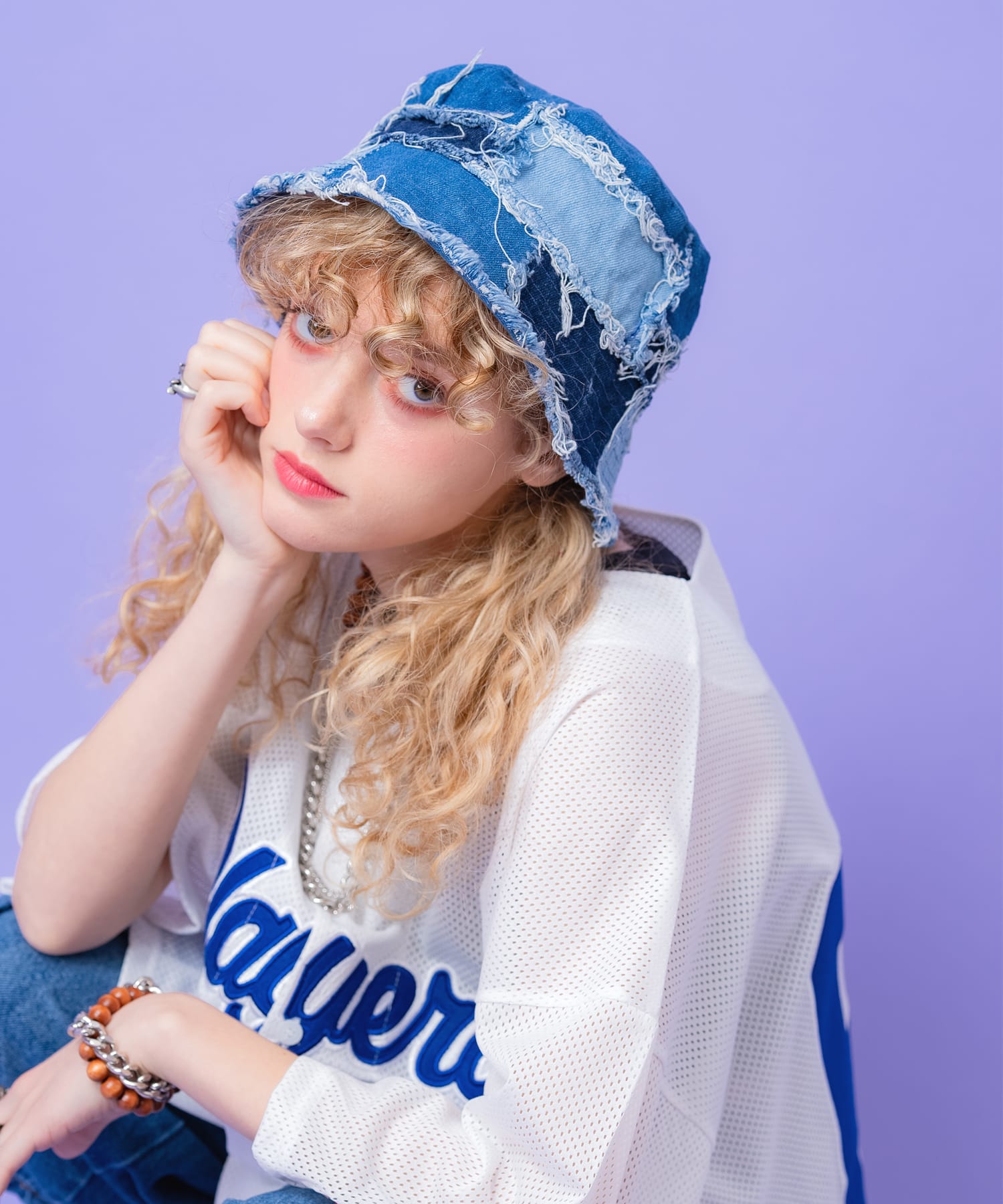 an meets zakka パッチワーククラッシュフリンジミックスデニムハット