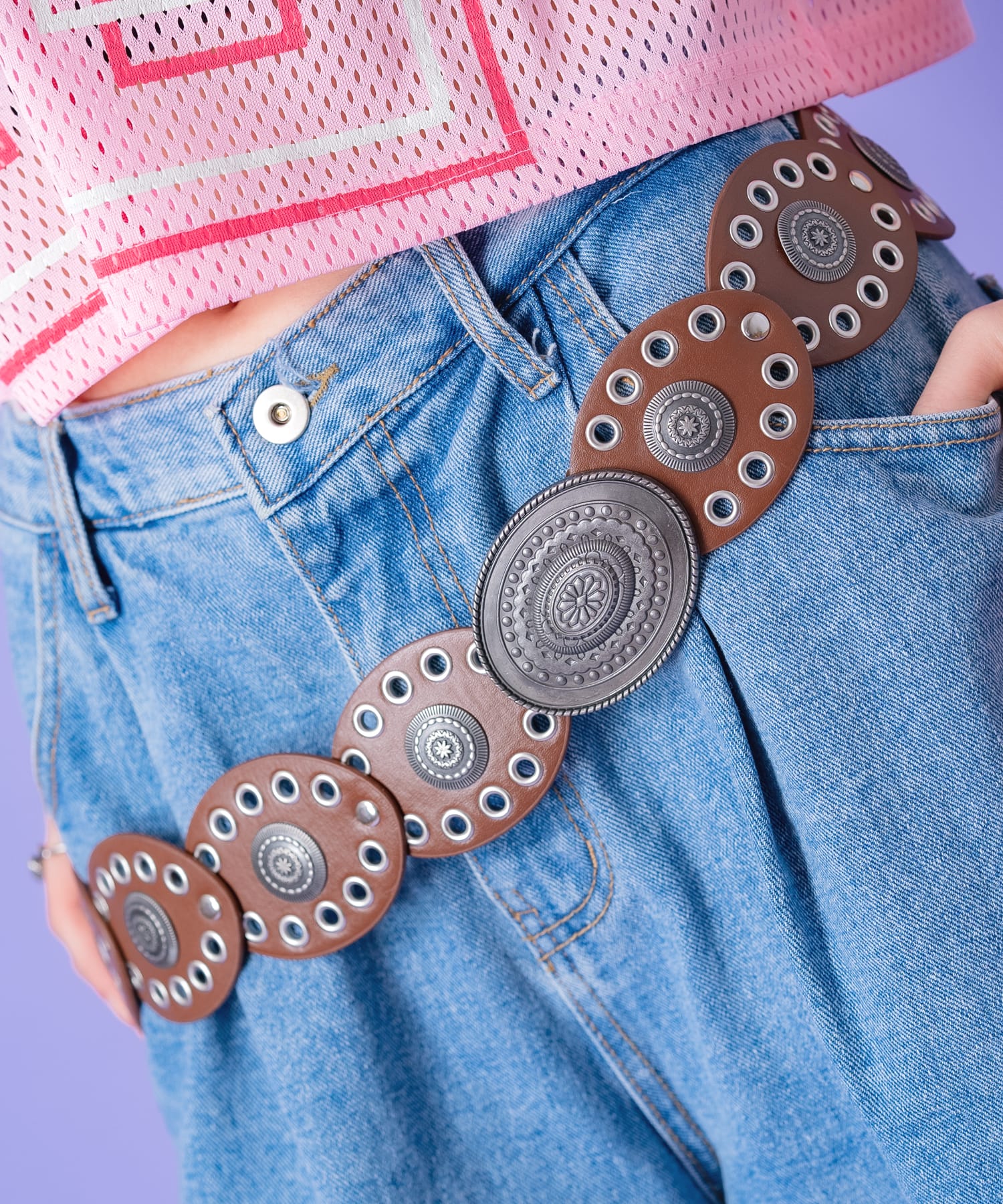 ネイティブ刻印オーバルビッグコンチョバックル装飾ウエストマーク