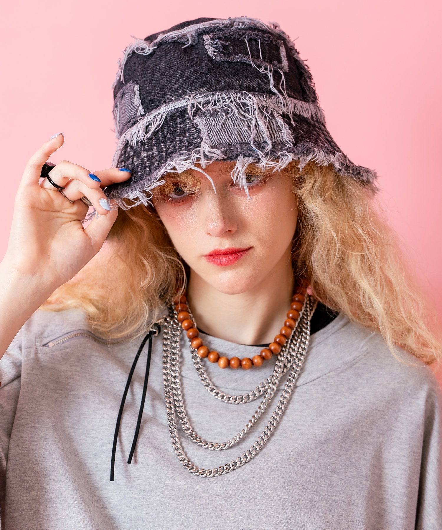 an meets zakka クラッシュフリンジランダムパッチワークデニムハット