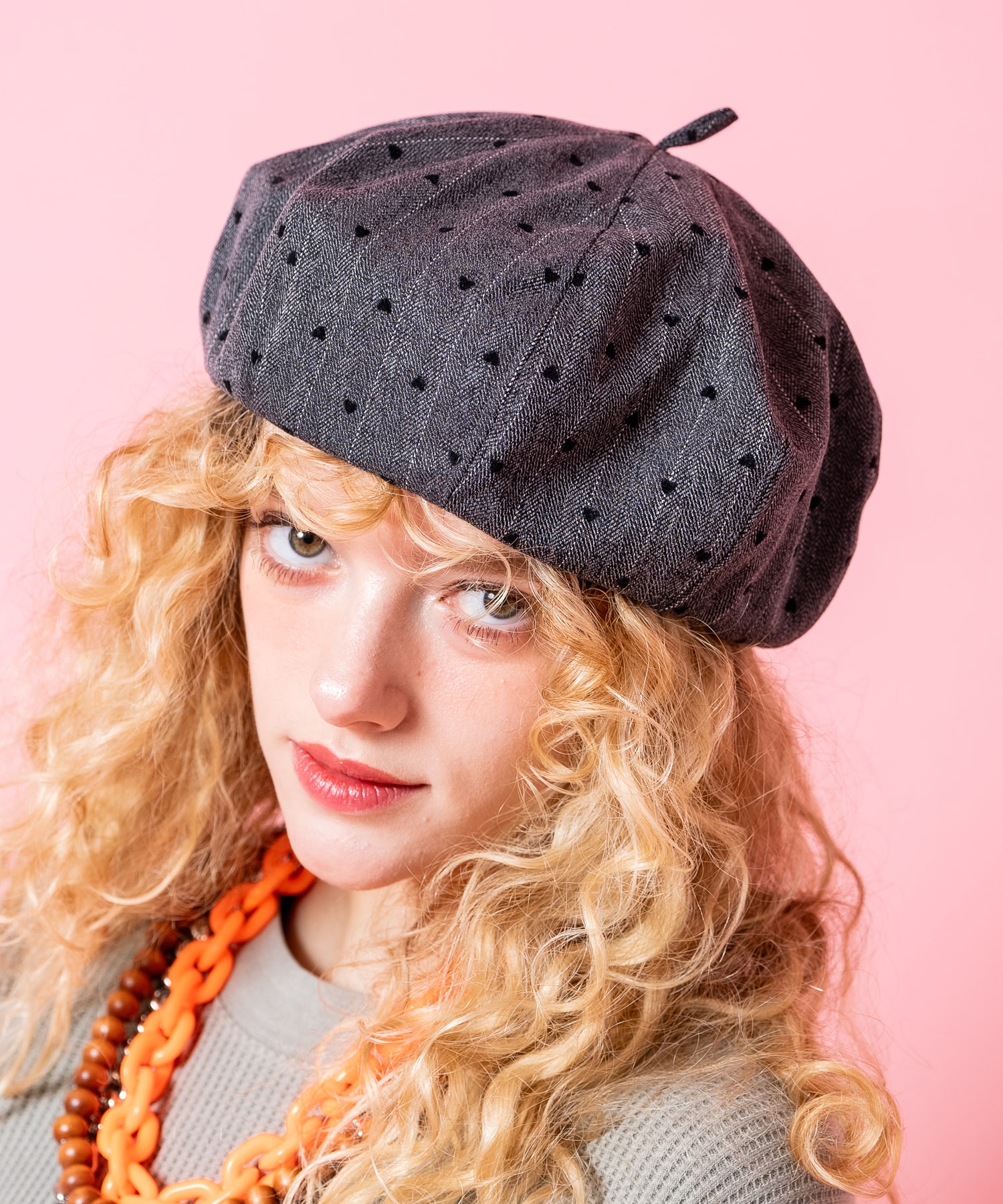 an meets zakka マイクロハートドットヘリンボーンベレー