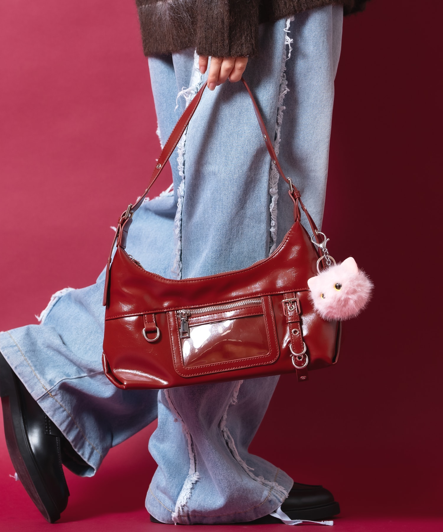 ロッキンベルト装飾クリアポケット合成皮革ハンドバッグ / ユニ