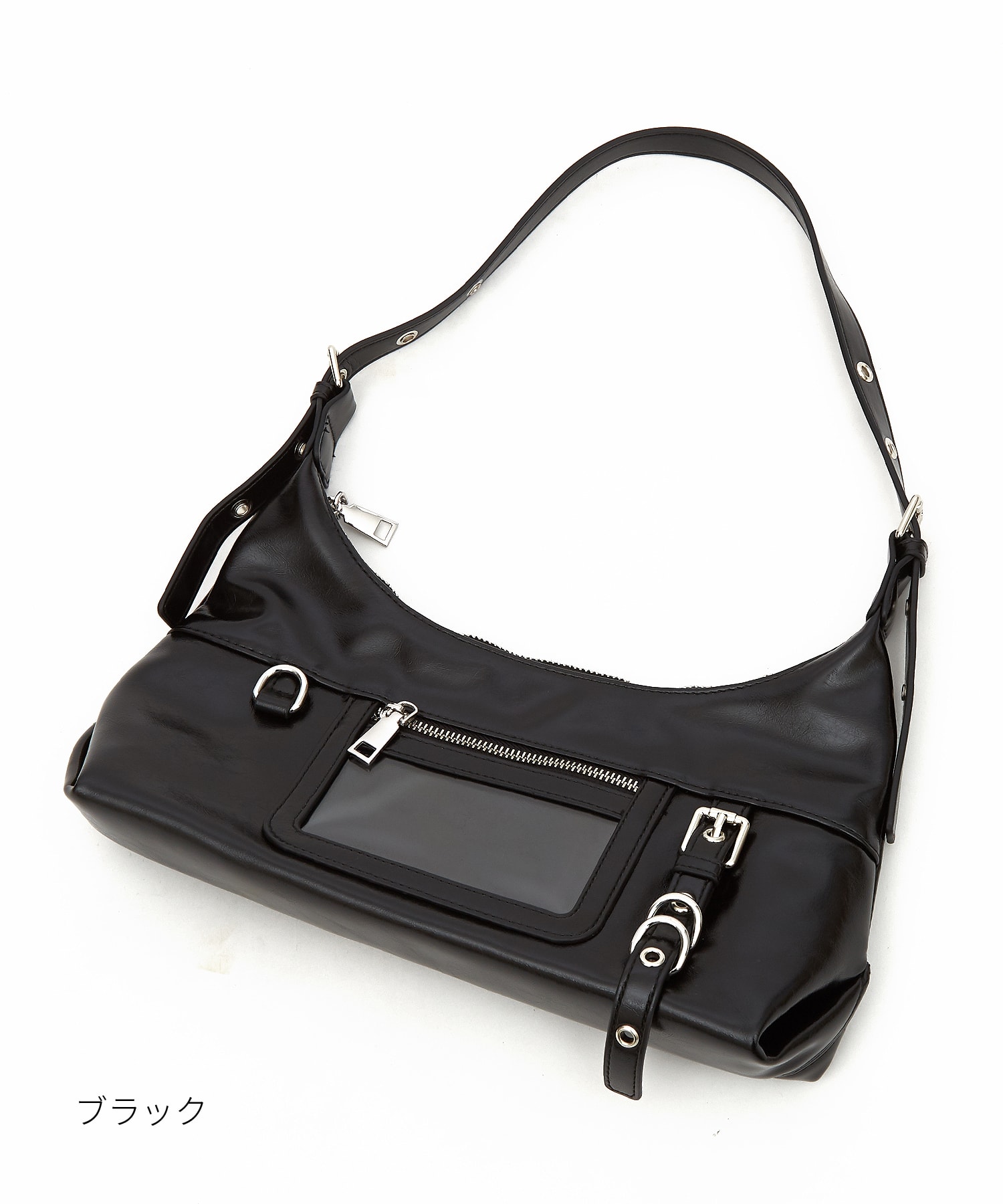 ロッキンベルト装飾クリアポケット合成皮革ハンドバッグ / ユニ