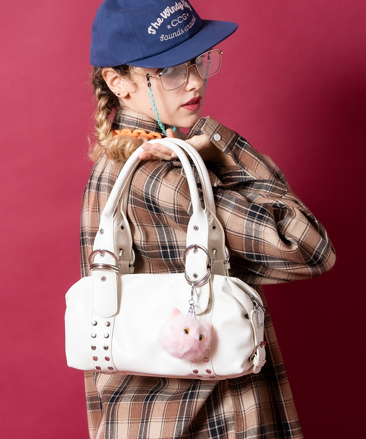 an meets zakka ２連リベットスタッズ合成皮革ミニボストンバッグ