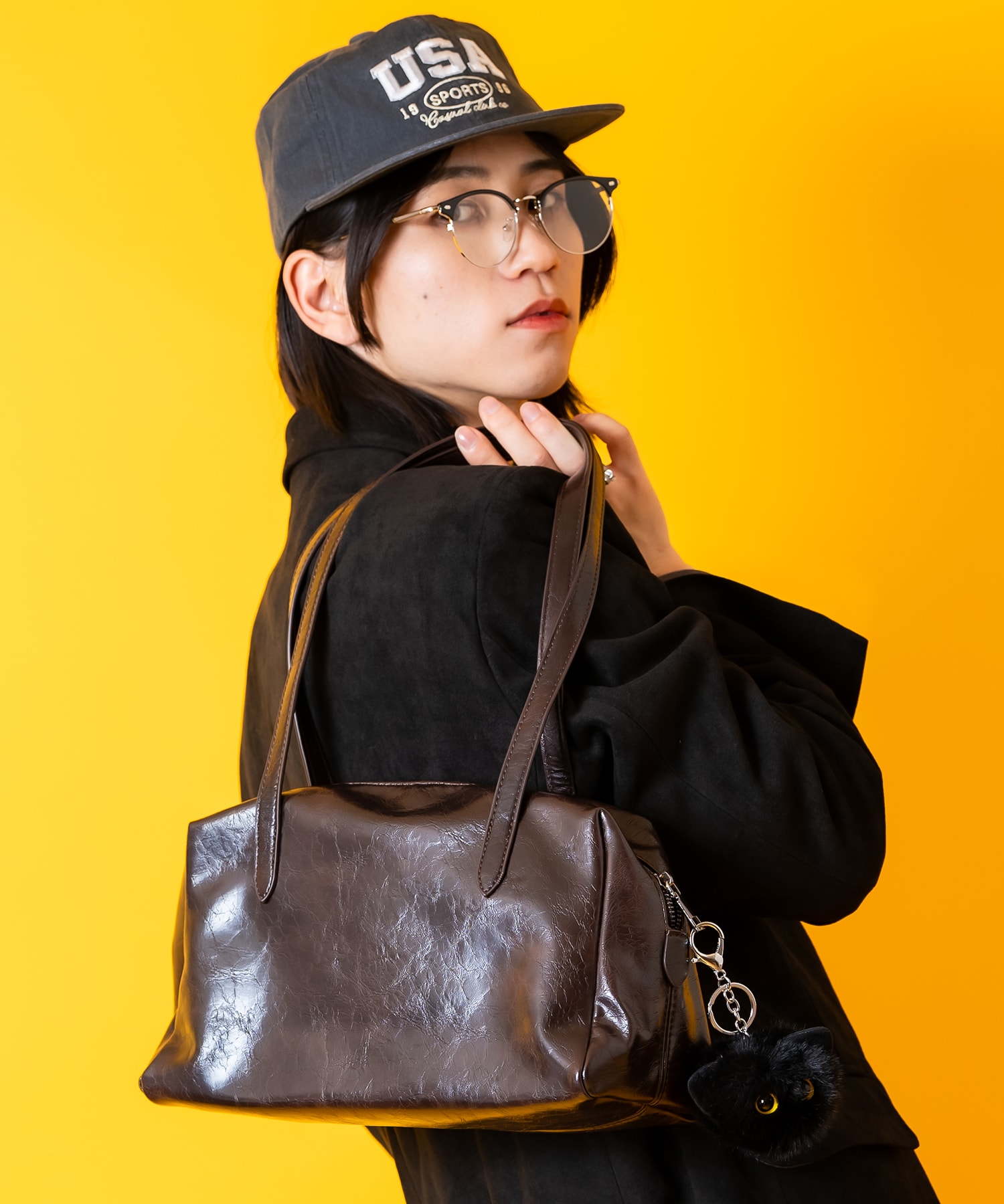 ヴィンテージテイスト合成皮革ミニボストンバッグ / ユニセックス