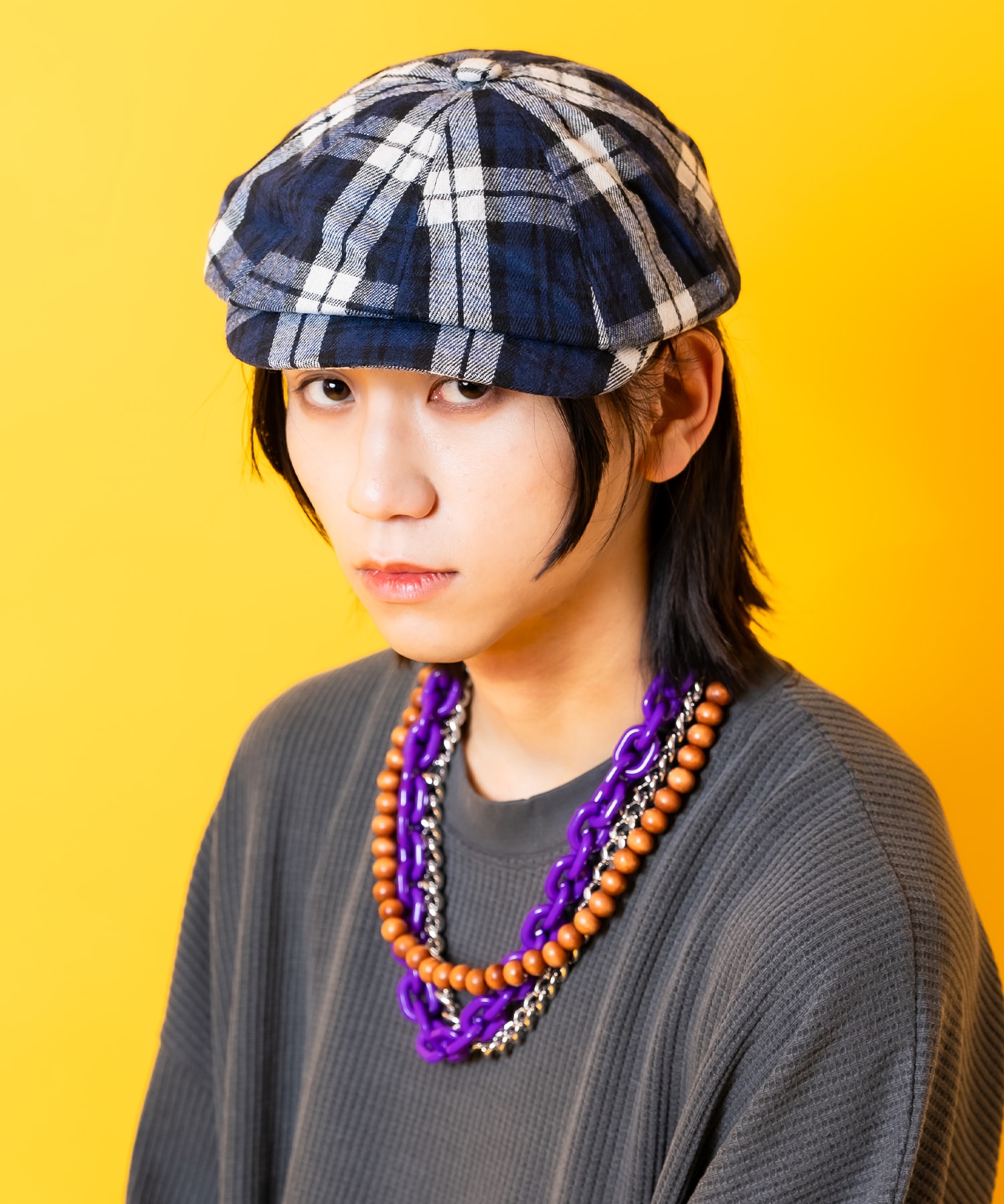 起毛肉厚ネルタータンチェック柄キャスケット(別売りイヤーマフ取付可