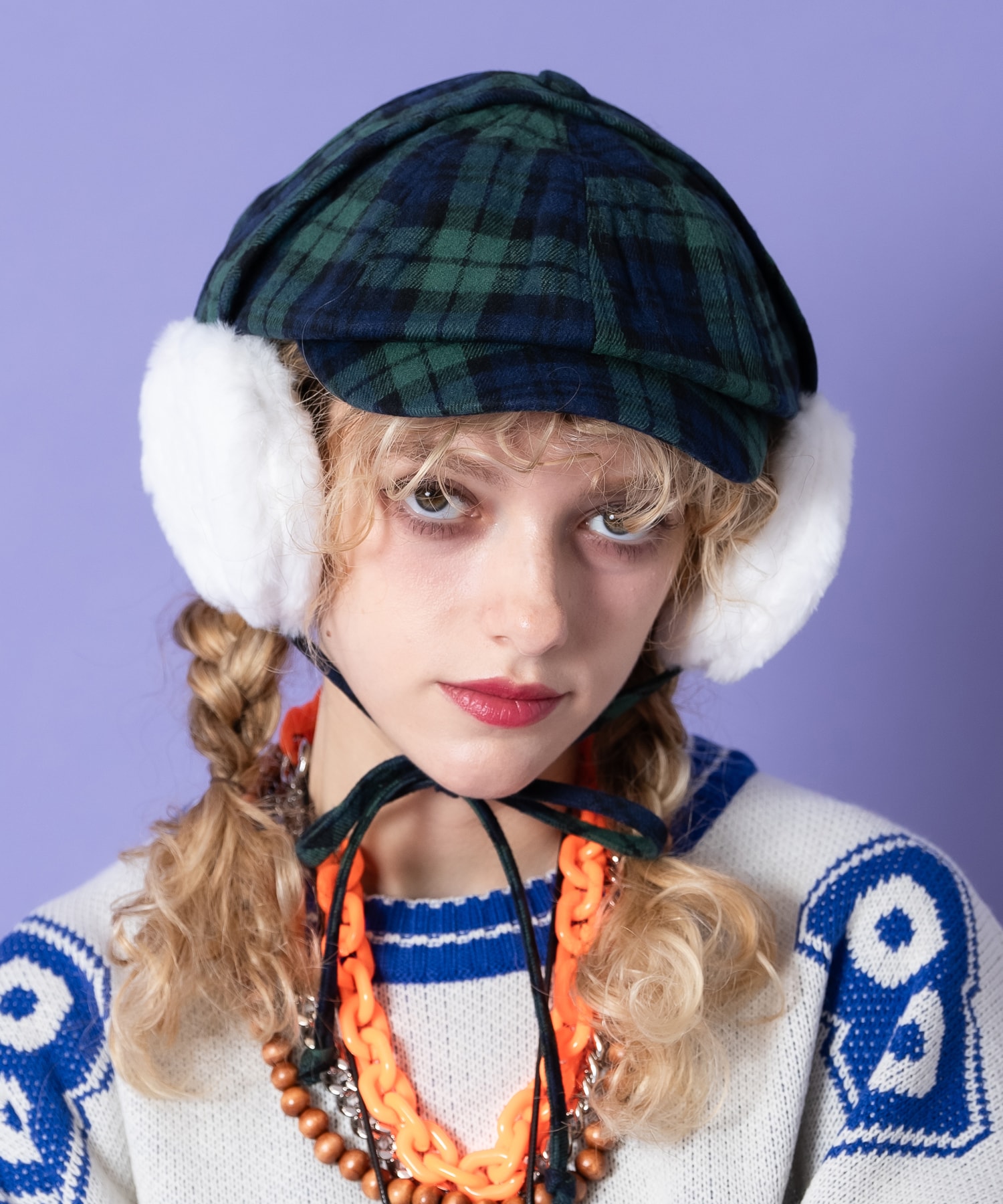 起毛肉厚ネルタータンチェック柄キャスケット(別売りイヤーマフ取付可