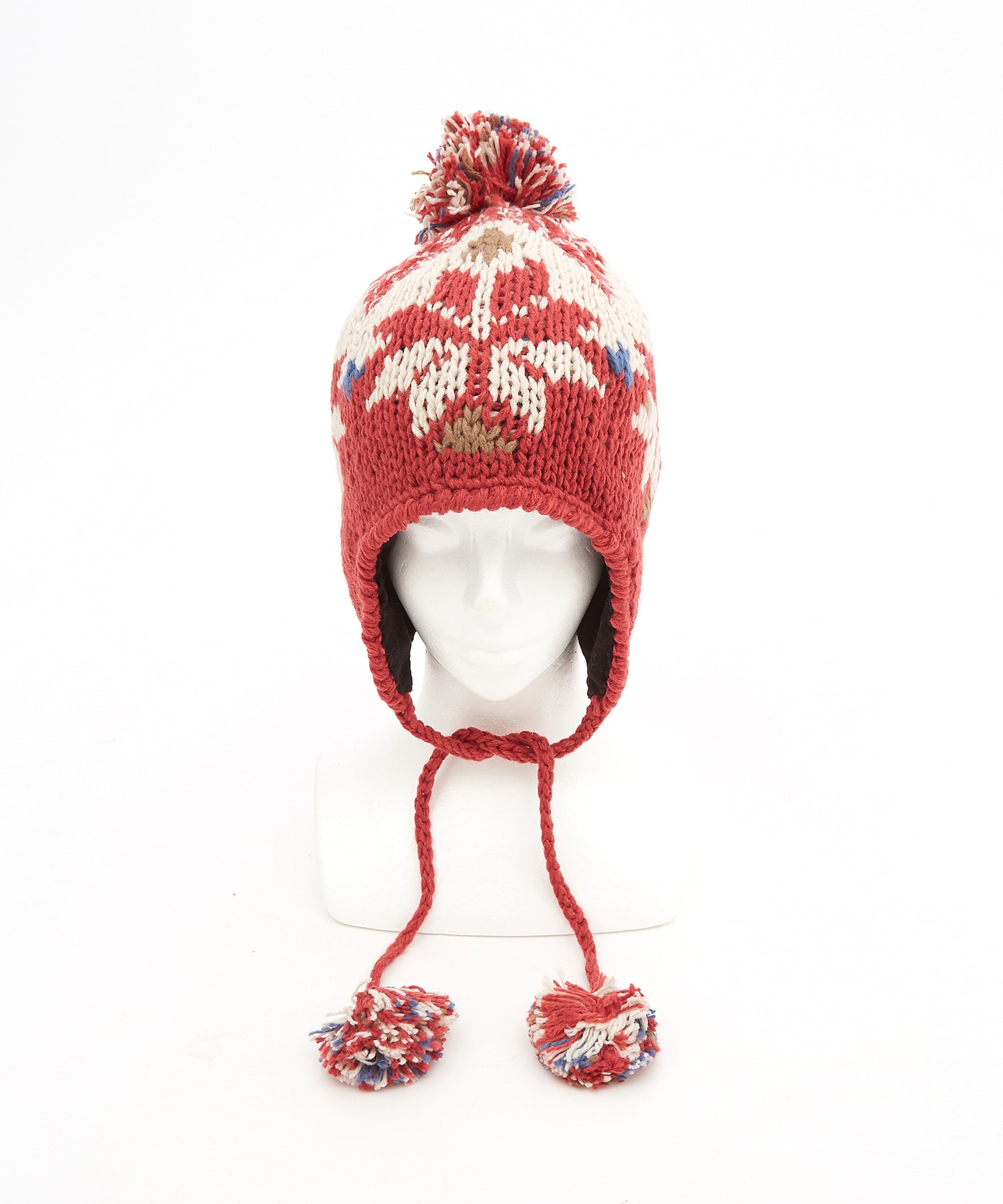 ノルディック柄コード付きイヤーフラップボンボンウールニット帽