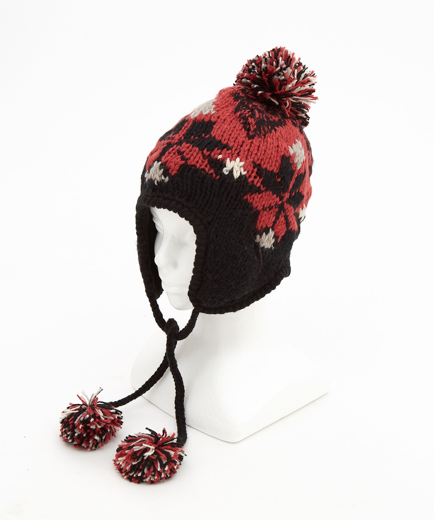 ノルディック柄コード付きイヤーフラップボンボンウールニット帽